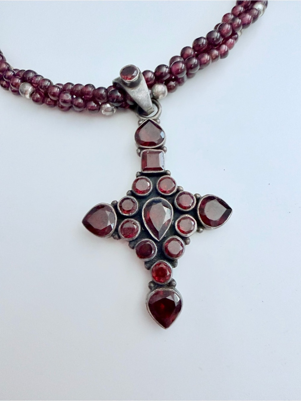 Genuine Garnet & Sterling Beaded Cross Pendant Necklace - Women Jewelry - Picture 2 of 4